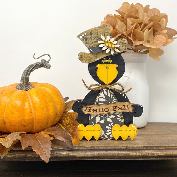 Hello Fall Raven/Crow Pumpkin with Top Hat Chunky Wood Shelf Sitter, Fall Shelf Sitters, Halloween Decor, Rustic Fall Decor, Tier Tray Decor