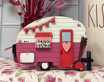 Remolque para caravana retro de San Valentín, estante decorativo de madera maciza, 6" x 4".