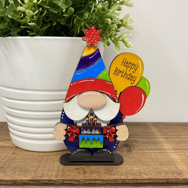 Happy Birthday Wood Gnome Shelf Sitter or Tier Tray Decor, Happy Birthday decor, Party Decorations, Gnome Decor, Happy Birthday Gnome