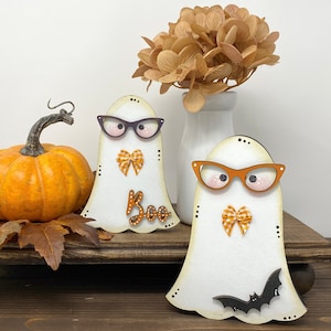 Nerdy Halloween Ghosts Chunky Wood Shelf Sitter or Tier Tray Decor, Halloween Decor, Ghosts with glasses, Wood Ghosts, Halloween Tier Tray