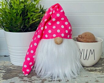 Pink Polka Dot Farmhouse Gnome, Easter Gnome, Spring Gnome, Farmhouse Decor, Tier Tray Decor, Tier tray Gnome, Birthday Gnome, Summer Gnome