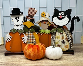 Halloween Fall Cat, Scarecrow, Skeleton or Crow Pumpkin Chunky Wood Shelf Sitter.