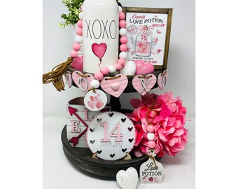 Valentine Love Potion Wooden Decorative Tiered Tray Decor Bundle.