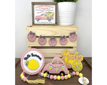 Pink Lemonade Spring Summer Wooden Decorative Tiered Tray Decor Bundle.