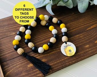 Honey Bee Beehive Wood Bead Farmhouse Garland 34". Bee Garland, Rustic Bead Garland, Wood Bead Strand, Tiered Tray Decor, Summer Decor
