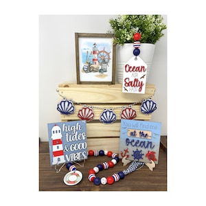 Summer Beach Nautical Lighthouse Tiered Tray Bundle, Beach House Decor, Nautical Decor, Nautical Shelf Sitters, Nautical Tier Tray Decor