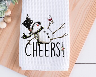 Cheers Snowman Christmas Tea Towel 16&quot;x24&quot;, Kitchen Towel, Wine Tea Towel, Farmhouse Christmas, Snowman Kitchen Decor, Wine Secret Santa