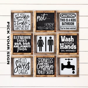 Bathroom Mini Collection 6"x6" Sign. Farmhouse Bathroom, Bathroom Shelf Decor, Funny Bathroom Sign, Framed Mini Sign, Bathroom Mini Sign
