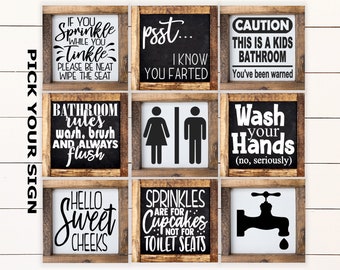 Bathroom Mini Collection 6"x6" Sign. Farmhouse Bathroom, Bathroom Shelf Decor, Funny Bathroom Sign, Framed Mini Sign, Bathroom Mini Sign