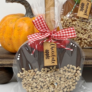May include: A chocolate-covered apple with a wooden stick, packaged in clear cellophane. The apple is decorated with white dots and topped with chopped nuts. A red and white gingham bow and a wooden tag that says "Chocolate apple" are attached.