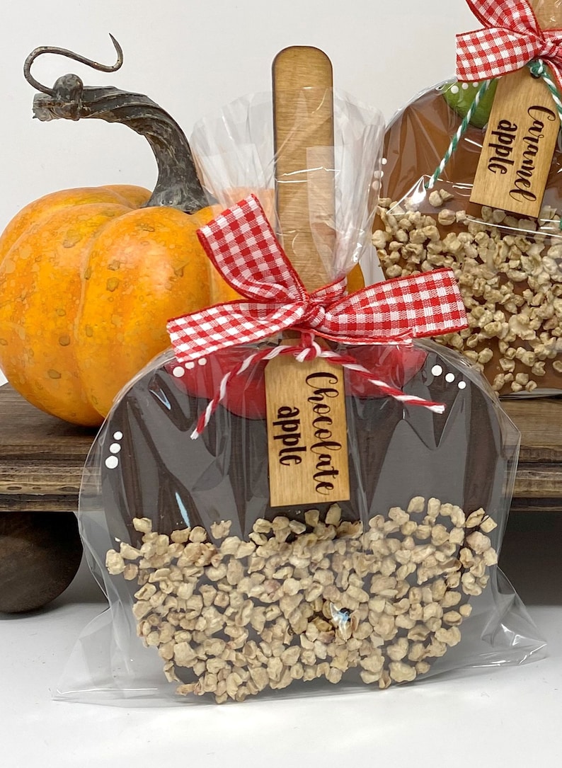 May include: A chocolate-covered apple with a wooden stick, packaged in clear cellophane. The apple is decorated with white dots and topped with chopped nuts. A red and white gingham bow and a wooden tag that says "Chocolate apple" are attached.