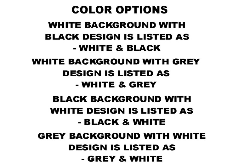 Puede incluir: Gr&aacute;fico de texto que muestra opciones de color para un producto. Las opciones incluyen fondo blanco con dise&ntilde;o negro, fondo blanco con dise&ntilde;o gris, fondo negro con dise&ntilde;o blanco y fondo gris con dise&ntilde;o blanco.
