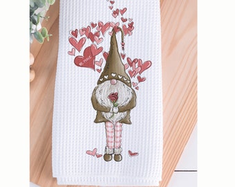 Valentine's Day Gnome Tea Towel, Valentines Kitchen Decor, Valentines Day Gift, Waffle Weave Towel, Gnome Decor, Valentine Love Gnome