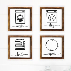 Set of 4 Laundry Wash Dry Fold Repeat Wood Signs. Laundry signs, Laundry Room Decor, Farmhouse Laundry, Laundry room art, Laundry wall signs