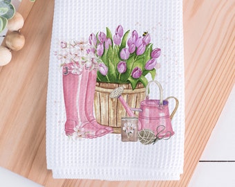 Spring Tea Towel 16x24, Kitchen Towel, Flowers in Boots Towel, Dish Towel, Farmhouse Kitchen, Garden Towel, Housewarming Gift, Spring Tulips