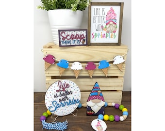 Summer Ice Cream Wooden Decorative Tiered Tray Decor Bundle.