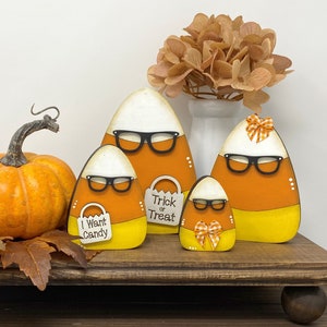 Nerdy Halloween Candy Corn Chunky Wood Shelf Sitter or Tier Tray Decor, Halloween Decor, Candy Corn with glasses, Wood Candy Corn, Fun Candy