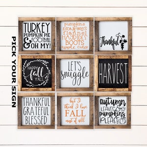 Colección de mini carteles de otoño, letrero con bandeja escalonada de estilo rústico de 6" x 6". Decoración con bandeja escalonada, letrero de cafetería, decoración de Acción de Gracias, mini letrero enmarcado