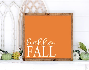 Hello Fall Farmhouse Style Wood Sign 19.5"x19.5". Farmhouse style sign, Hello Fall Wood Sign, Fall Signs, Fall Decor, Fall Mantle Decor