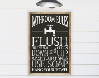 Bathroom Rules Farmhouse Style Sign 13.5x19.5". Bathroom Sign, Bathroom Decor, Kids Bathroom Signs, Rustic Bathroom Sign, Farmhouse Bathroom