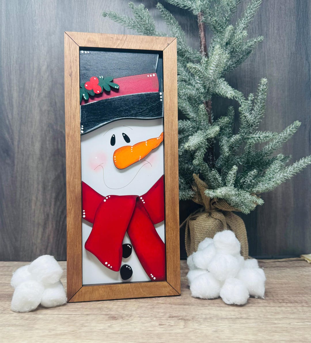 Freestanding 3D Framed Snowman With Black Hat Wooden Decorative