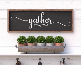 Gather Painted Farmhouse Style Framed Sign 25.5"x9.5". Rustic Gather Sign, Dining Room Signs, Wood Gather Sign, Farmhouse Kitchen, Wood Sign