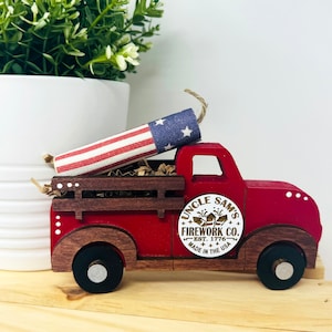 Patriotic Firework Wooden Truck for Tier Tray or Shelves, 4th of July Decor, Farmhouse Truck, Tier Tray Decor, Summer Truck, Mini Wood Truck