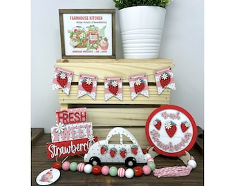 Summer Strawberry Bakery Tiered Tray Set, Strawberry Decor, Strawberry Gnome, Strawberry Home Decor, Summer Kitchen Tier Tray, Shelf Decor