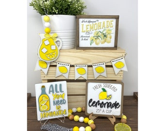 Lemonade Spring Summer Wooden Decorative Tiered Tray Decor Bundle.