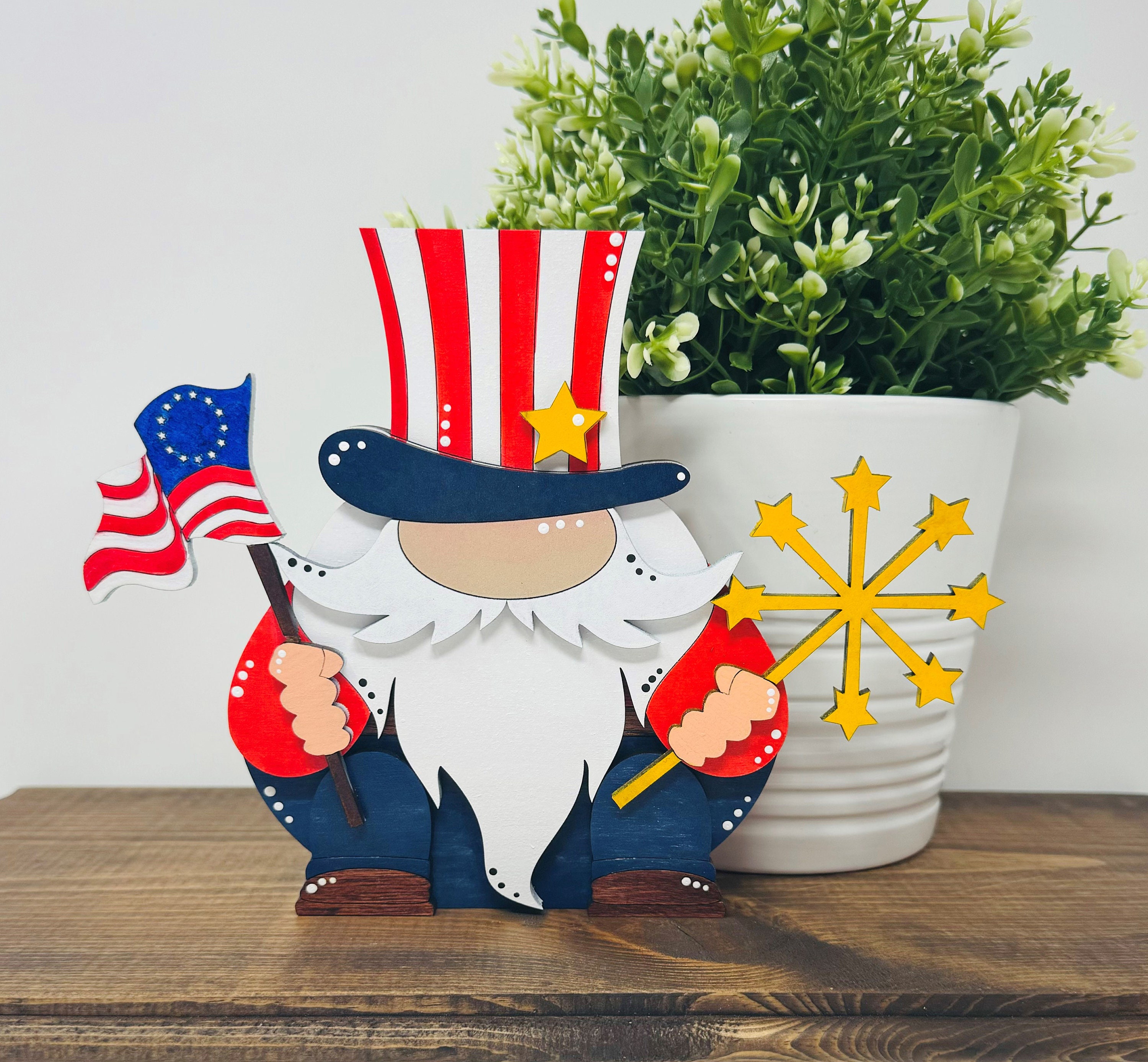 Patriotic Uncle Sam Hand Painted Wooden Gnome Shelf Sitter 6