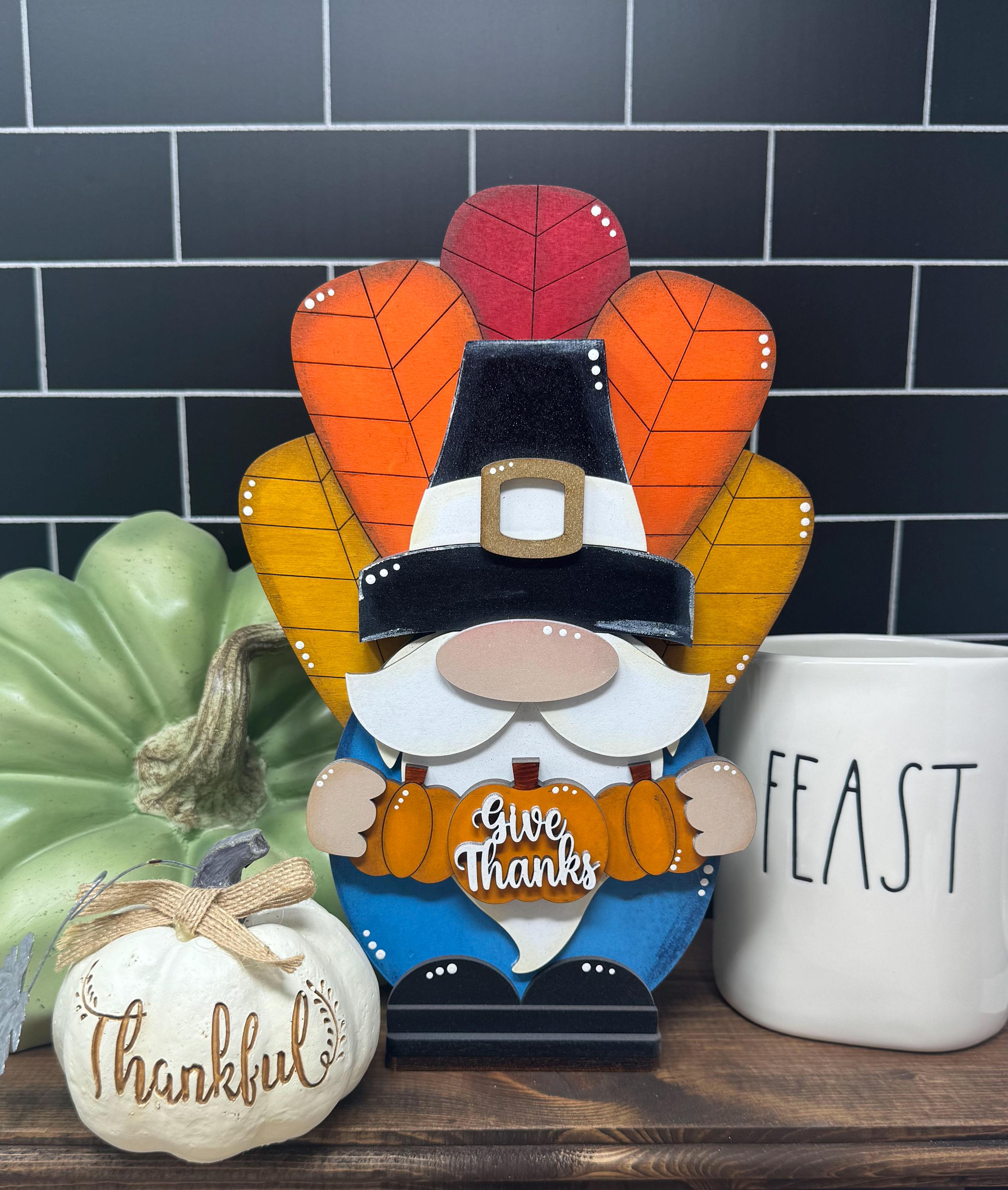 Thanksgiving Give Thanks Fall Turkey Standing Wood Gnome Shelf Sitter ...