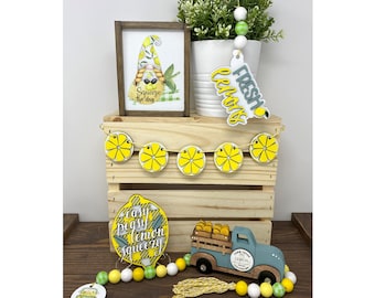 Lemon Spring Summer Wooden Decorative Tiered Tray Decor Bundle.