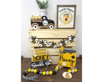 Summer Honey Bee Tiered Tray Bundle, Summer Tabletop Display, Honey Pot, Bee themed Kitchen Display, Bee Shelf Sitter, Bumble Bee Tier Tray