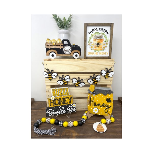 Summer Honey Bee Tiered Tray Bundle, Summer Tabletop Display, Honey Pot, Bee themed Kitchen Display, Bee Shelf Sitter, Bumble Bee Tier Tray