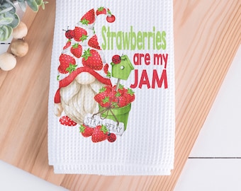 Strawberry Gnome Kitchen Dish Towel 16"x24", Strawberry Tea Towel, Gnome Tea Towel, Farmhouse Kitchen, Jam Tea Towel, Berry Kitchen Decor
