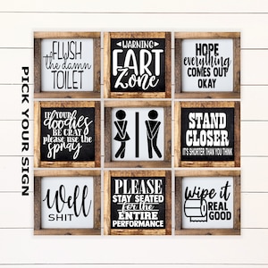 Bathroom Mini Collection 6"x6" Sign. Farmhouse Bathroom, Bathroom Shelf Decor, Funny Bathroom Sign, Framed Mini Sign, Bathroom Mini Sign
