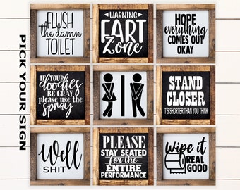 Bathroom Mini Collection 6"x6" Sign. Farmhouse Bathroom, Bathroom Shelf Decor, Funny Bathroom Sign, Framed Mini Sign, Bathroom Mini Sign