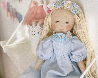 Interior doll in a blue cotton dress -hand-made doll - doll for a girl - gift for a girl - textile doll