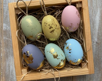 Wooden Easter eggs with gold leaf decor - Set of 6 - Easter decor - Easter gifts - Easter decorations - Easter basket - Easter tree