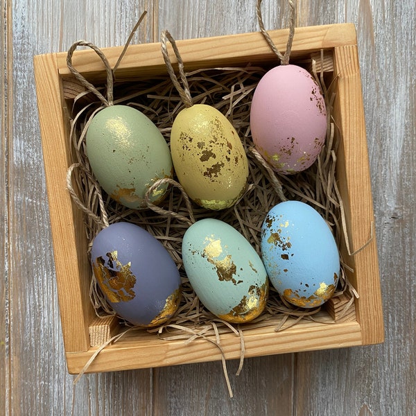 Wooden Easter eggs with gold leaf decor - Set of 6 - Easter decor - Easter gifts - Easter decorations - Easter basket - Easter tree