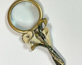 Vtg Calla Lily Flower Enameled Magnifying Glass Rhinestones Art Nouveau Inspired