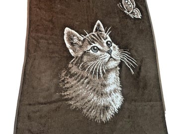 Cannon Ibena Vtg 1980s Cat Butterfly Blanket Throw Brown Beige W Germany 74x55"