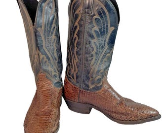 Code West Mens 9M Vtg Western Cowboy Boots Leather Snake Skin Pull On 14" Tall