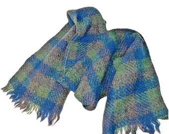 Weave O’ the Irish Blue Green Purple Fringed 100% Wool 68” X 9” Knit Scarf Vtg
