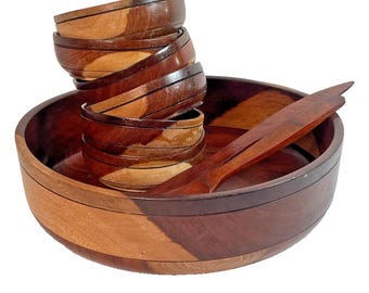 Vtg Wooden Salad Bowl Set Large 13", 6 Small Bowls, Utensils - Rustic Decor