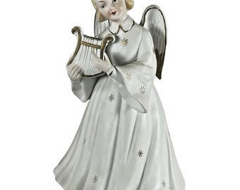 Christmas Angel Figure w/Harp Music Box Vtg 1960s Japan Porcelain Bisque 7.5 in
