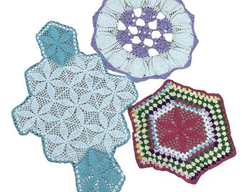 Handmade Crocheted Doily Doilies Lot of 3 Vtg Colorful Table Decor Cottage Core