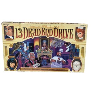 May include: The 13 Dead End Drive board game box features a cream-colored background with the title in large dark red letters. The illustration depicts a mansion interior with various characters, including a chef, a butler, and a cat, alongside the text: The Mystery Game with 12 Suspects, 5 Traps and Only 1 Survivor!