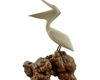 John Perry Vtg Pelican Sculpture Statue Bird On Burl Wood Handmade Beach Decor