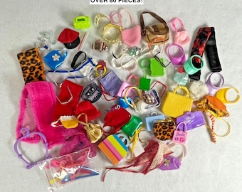 Huge 80 plus Vtg Fashion Doll Accessory Lot Fits Barbie Purses, Jewelry, Hats, +MORE
